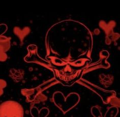 a skull and crossbones with hearts in the background