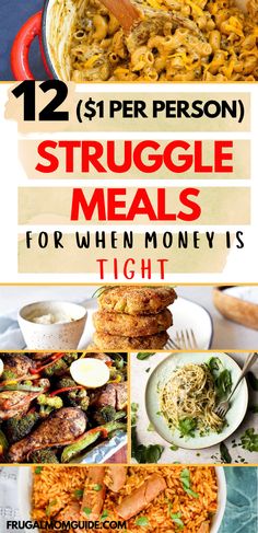 Delicious meals that are budget-friendly. Pin Title reads: 12 ($1 per person) Struggle Meals for when money is tight Budget Meals Recipes, Budget Meals For Large Families, Cheap Dinners For Two, College Student Recipes, Super Cheap Meals, Struggle Meals, Cheap Meal Plans, Low Budget Meals