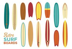 a bunch of surfboards are lined up in different colors and sizes, with the words retro surf boards above them