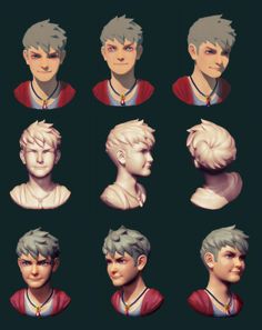 the head and shoulders of several male avatars in various poses, with different hair colors