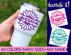 a hand holding a white tumbler cup with the name jesus on it and three different designs