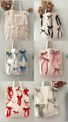 six different bags with bows hanging from them