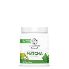 the organic matcha powder is packed in a white container with green leaves on top