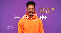 a man in an orange hoodie is smiling at the camera while standing against a purple background