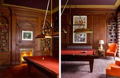 a pool table in the middle of a living room with chairs and bookshelves