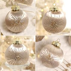 four different pictures of christmas ornaments on a table