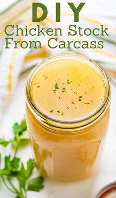 a jar of homemade chicken stock. Chicken Stock From Bones, Rotisserie Chicken Stock, Chicken Carcass Soup, Making Chicken Stock