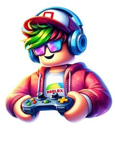 a cartoon character with headphones holding a game controller in his right hand and looking at the camera