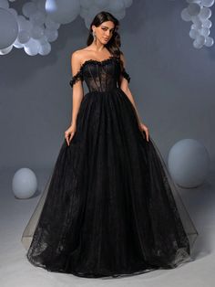 Off Shoulder Back Lace Up Mesh Formal Dress Black Elegant Prom Evening Wedding Guest Gown, For Graduation, Dinner Black Elegant  Sleeveless Mesh Fabric Plain A Line Slight Stretch All Weddings & Events, size features are:Bust: ,Length: ,Sleeve Length: Mesh Formal Dress, Black Lace Ball Gown, Formal Dress Black, Tux Dress, Elegant Evening Dresses, Wedding Guest Gowns, Wedding Tux, Off Shoulder Long Dress, Wedding Dresses For Kids