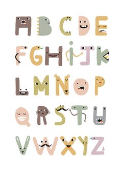 the letters are made up of different types of cartoon faces and numbers, including one for each letter