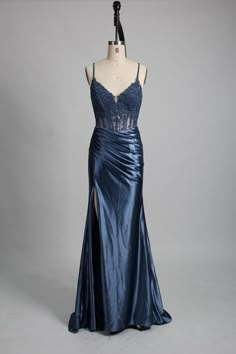 Fitted Gown With Lace Bodice And Spaghetti Straps, Blue Fitted Evening Dress With Boned Bodice, Fitted Blue Evening Dress With Boned Bodice, Satin Dress With Sheer Bodice For Prom, Prom Season Satin Dress With Sheer Bodice, Satin Dress With Sheer Bodice For Prom Season, Fitted Evening Dress With Lace Bodice And Spaghetti Straps, Satin Dress With Sheer Bodice For Gala, Gala Satin Dress With Lace Bodice