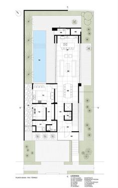 the floor plan for this modern house shows an outdoor swimming pool and patio area, while also showing the living areas