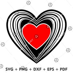 a red heart surrounded by black and white lines with the words svg png dxf eps