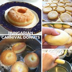 there are pictures of different types of donuts in the process of being cooked and baked