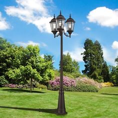 a lamp post in the middle of a grassy field