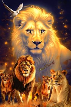 a painting of lions and a bird in the night sky with stars on it's back