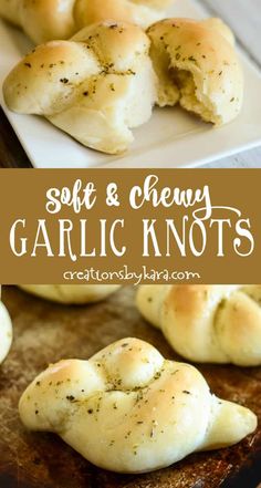 soft and chewy garlic knots on a baking sheet with the title text above it