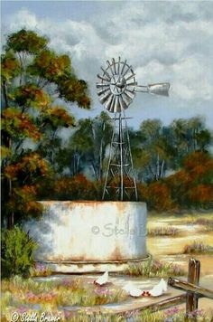 an oil painting of a windmill in a field