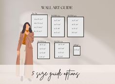 a woman is standing in front of a wall art guide