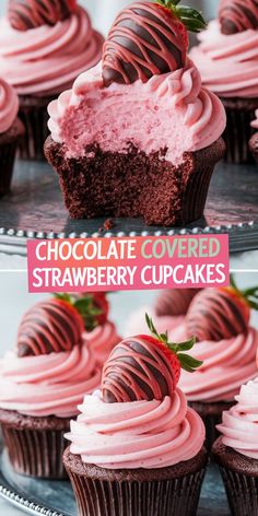 chocolate covered strawberry cupcakes with pink frosting and strawberries in the middle