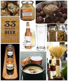 a collage of beer and food items