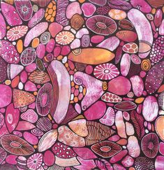 a painting with lots of different colors and shapes on the surface, including pinks and oranges