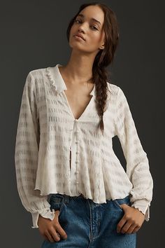 By Anthropologie Long-Sleeve Button-Front Textured Blouse Anthropologie Clothing, Textured Blouse, Kimono Sweater, Unique Blouse, Jacquard Sweater, Embroidered Crewneck, Half Zip Sweaters, Outfit Inspo Fall, Printed Sweater