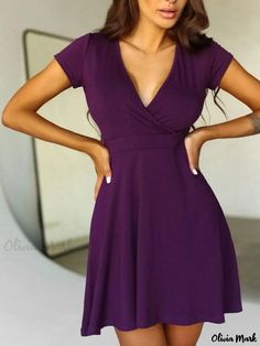 Olivia Mark - Solid Color Short-Sleeve Casual Home Swing Knit Dress Dress Collar, Casual Home, Fairy Dress, Daily Dress, Color Shorts, Types Of Skirts, Collar Dress, Purple Dress, Olivia Mark