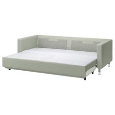 an image of a sofa bed with pull out mattress and storage compartment on the side