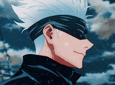 an anime character with white hair and blue eyes looking at the sky in front of clouds