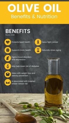 olive oil benefits and nutrition information on a wooden table with an olive branch next to it