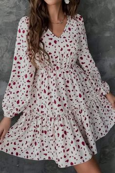 Dalmatian Print Lanterns Sleeve Raffle Hem Dress Flowery Dress Casual, Frock Designs For Women, Maxi Vestidos, Fancy Short Dresses, Flowery Dresses, Simply Dress