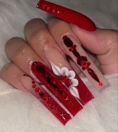 Nails Quinceanera, Quince Nails, Quinceanera Nails, Milky Nails, Red Acrylic Nails, Long Acrylic Nail Designs, Ombre Acrylic Nails, Nails Design With Rhinestones, Cute Acrylic Nail Designs