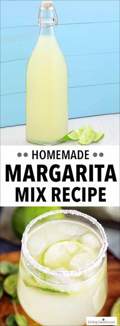 homemade margarita mix recipe in a mason jar with limes on the side and text overlay