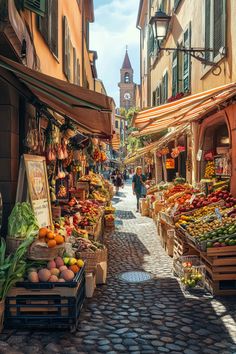 an outdoor market with fruits and vegetables on display