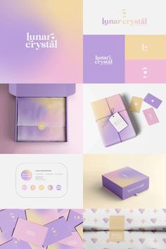 the packaging design for lunar crystal is shown in purple and yellow colors, with gold accents