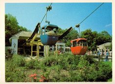 two red and blue trolleys sitting on top of a lush green field