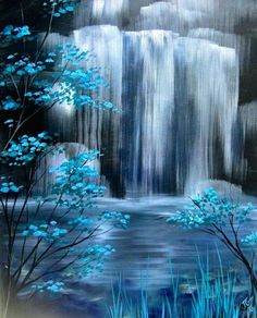 a painting of a waterfall with blue flowers in the foreground