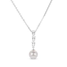 Capture her attention with the shimmering look of this cultured pearl drop necklace. Crafted in sterling silver A trio of pear-shaped white lab-created sapphires sparkles above a lustrous 8mm x 8.5mm freshwater cultured pearl The dazzling drop suspends along an 18-inch cable chain that secures with a lobster clasp Pearl Drop Necklace, Silver Pearl Necklace, White Lab, Accessories Jewelry Necklace, Drop Necklace, Necklace Sterling Silver, Silver Pearls, Pearl Drop, Cultured Pearls