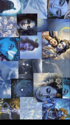 many different pictures of women with blue hair and eyes, all in various frames on the same