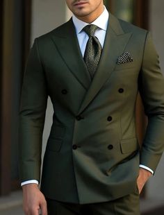 Green Men's Tailored Fit Double Breasted Six-buttons 2 Pieces Solid Co - Mondressy Dark Green Double Breasted Suit, Mobster Suit Men, Sea Green Suit Men, Army Green Suit Men, Green Double Breasted Suit Men, Suits For Men, Double Breasted Suit Men Wedding, Emerald Green Suit, Best Wedding Suits For Men