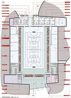 an architectural drawing of a basketball court in the middle of a building with red and white lines