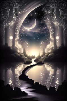 an image of a night scene with stars and moon in the sky, water and trees