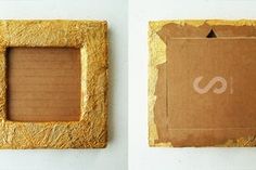 two small frames are made out of cardboard and have been placed on the wall to look like gold foil