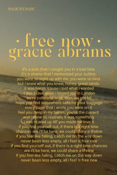 an advertisement with the words free now grace abrams written in gold and black