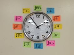 a clock that is on the side of a wall with post it notes around it