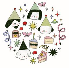 an illustration of birthday items in the shape of a circle with stars and confetti