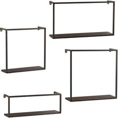 three shelves with metal brackets on each shelf