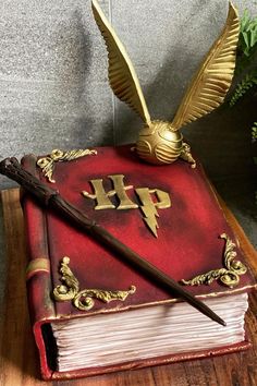 a harry potter book with a wand on top