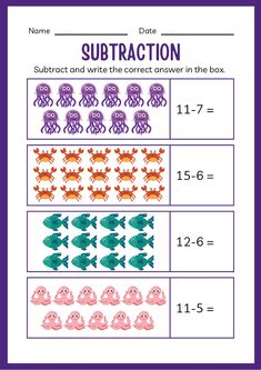 the subtraction worksheet for numbers 1 - 10 with pictures of fish and crabs